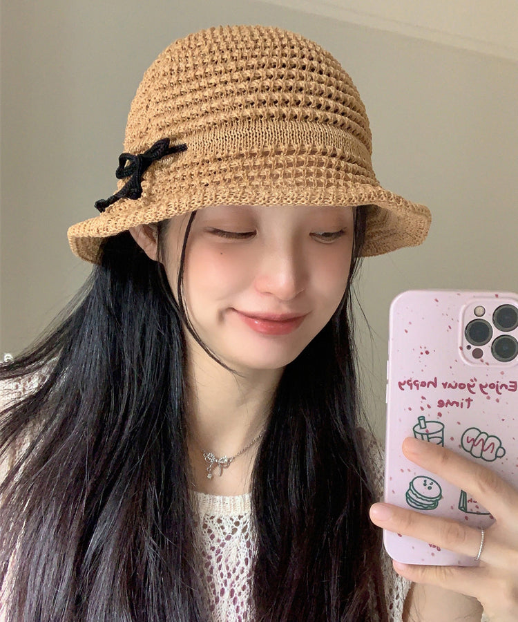 Bucket Eave Hat Large Summer Bow Camel Sunshade Hollow