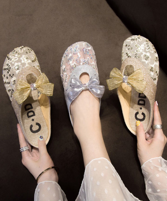 Summer Flat Mesh Bow Slide Gold Sandals New Breathable