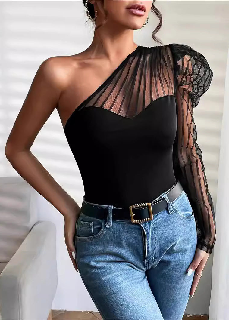 Summer Top Patchwork Shoulder T-Shirt Sexy Long One Tulle Sleeved