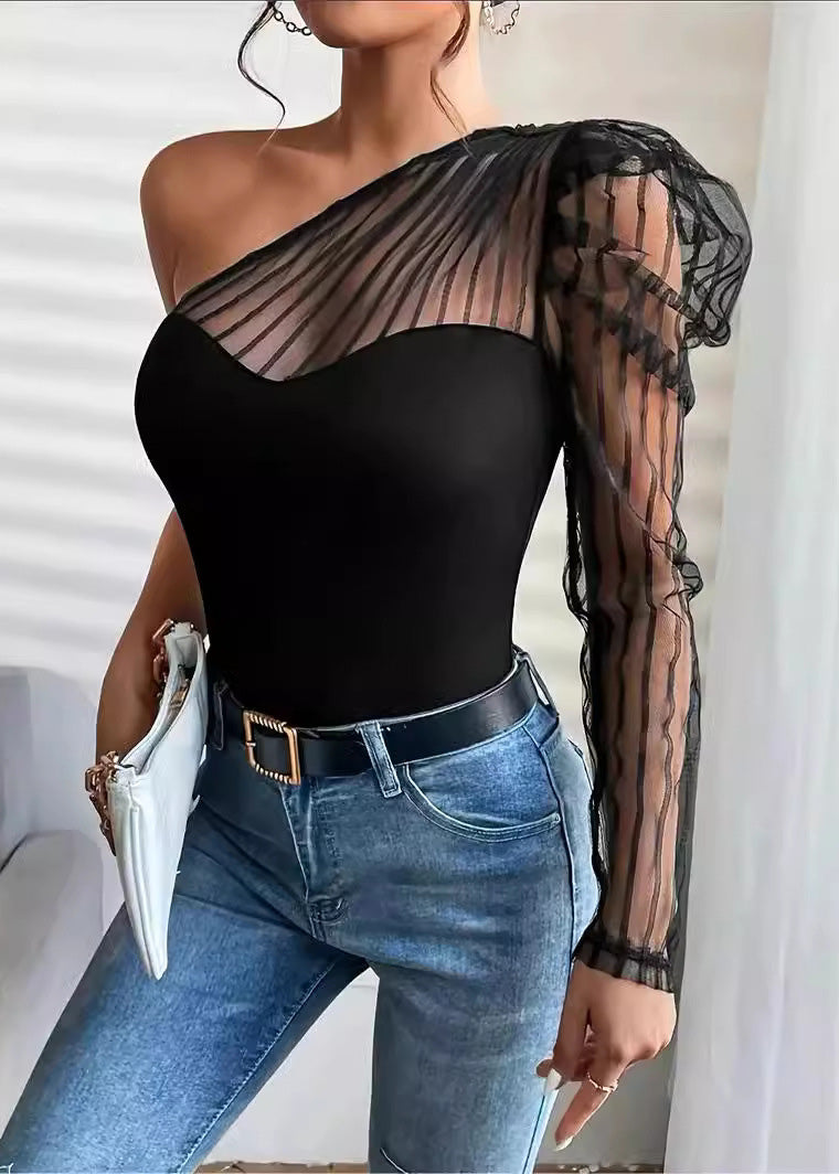 Summer Top Patchwork Shoulder T-Shirt Sexy Long One Tulle Sleeved