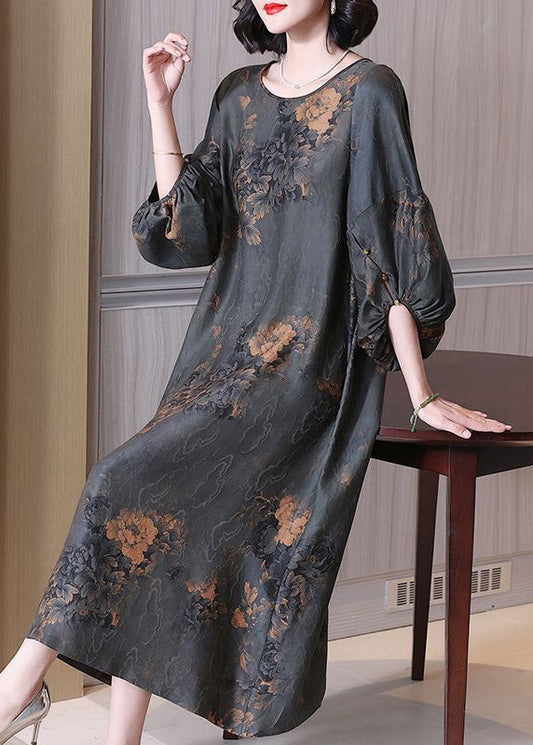 Top Quality Grey O Neck Print Silk Long Dresses Summer OP1061
