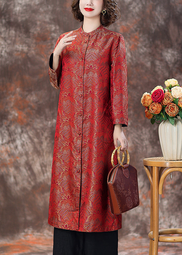 Top Quality Red Stand Collar Button Silk Coats Spring AA1040