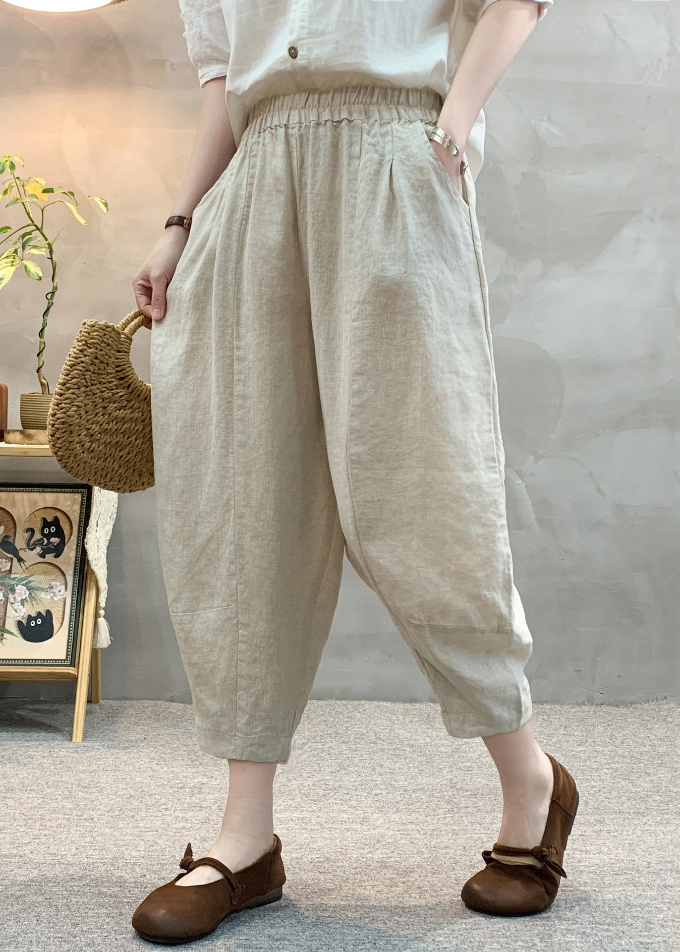 Unique Linen Oversized Pants Apricot Crop Summer