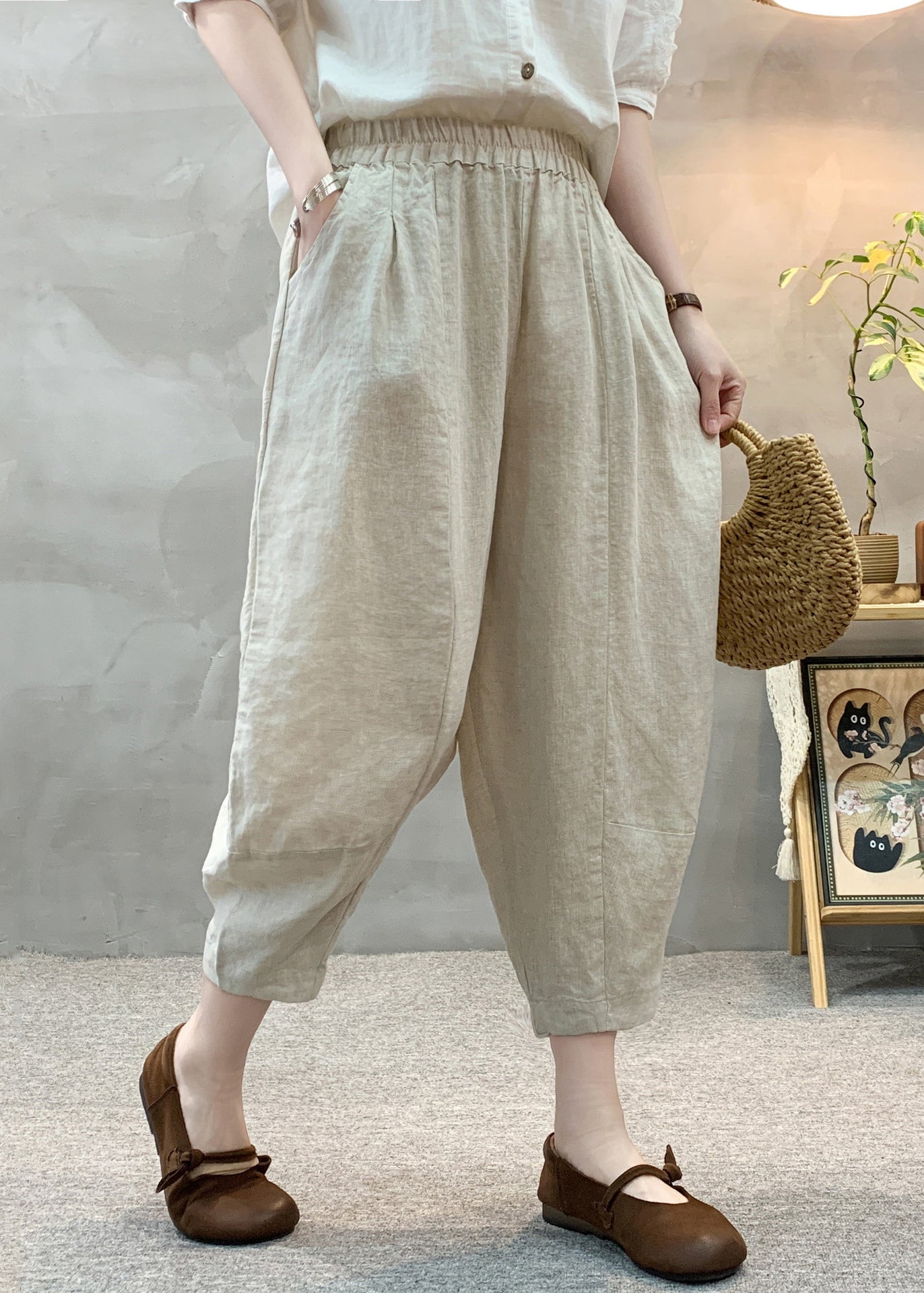 Unique Linen Oversized Pants Apricot Crop Summer