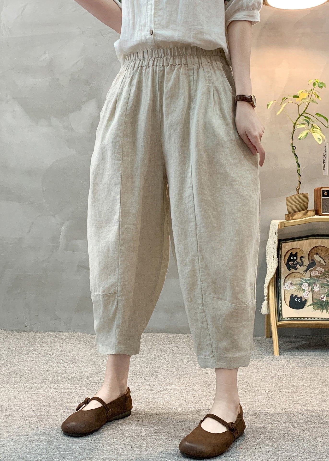 Unique Linen Oversized Pants Apricot Crop Summer