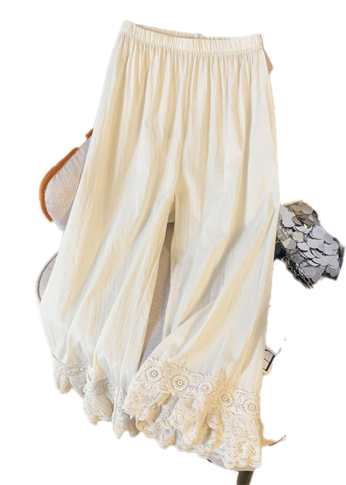 Beige Unique Summer Elastic Patchwork Waist Lace Pants Straight