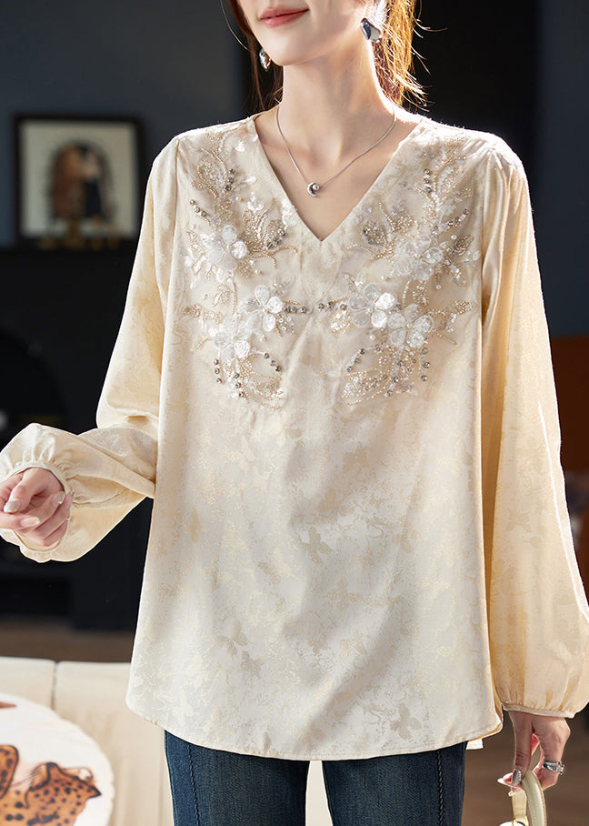 Neck V Beige Chiffon Unique Spring Zircon Top Shirt Jacquard