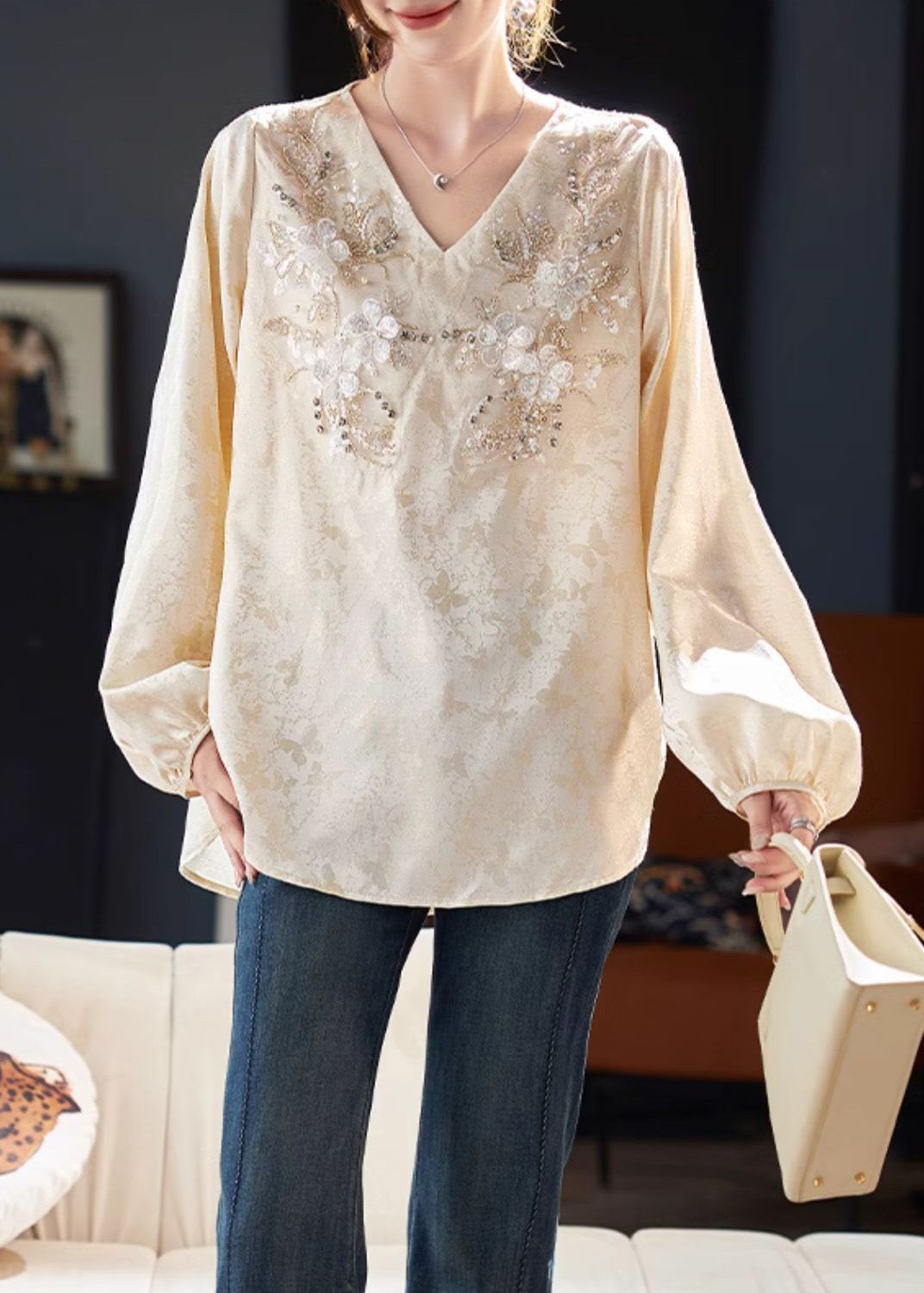 Neck V Beige Chiffon Unique Spring Zircon Top Shirt Jacquard