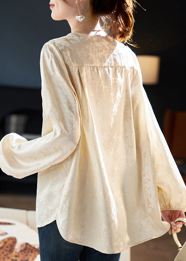 Neck V Beige Chiffon Unique Spring Zircon Top Shirt Jacquard
