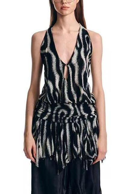 Print Halter Summer Beach Backless Vest Black Unique