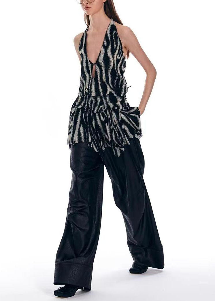 Print Halter Summer Beach Backless Vest Black Unique