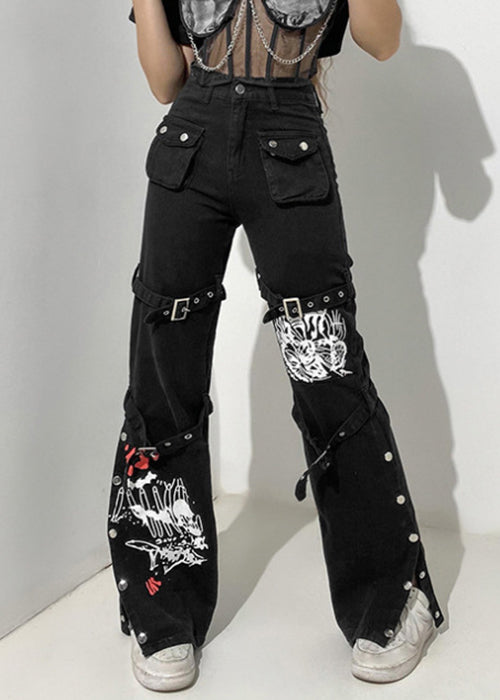 Print Unique Pockets Pants Summer Button Denim Black