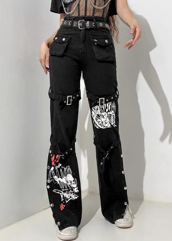 Print Unique Pockets Pants Summer Button Denim Black