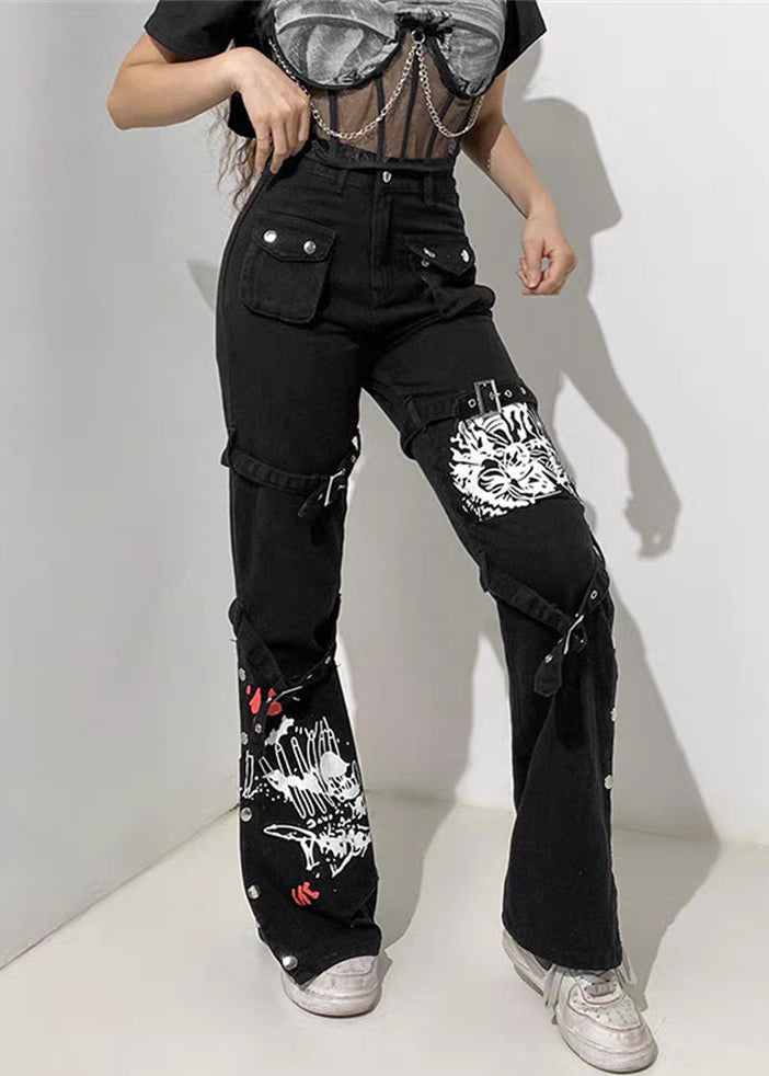 Print Unique Pockets Pants Summer Button Denim Black