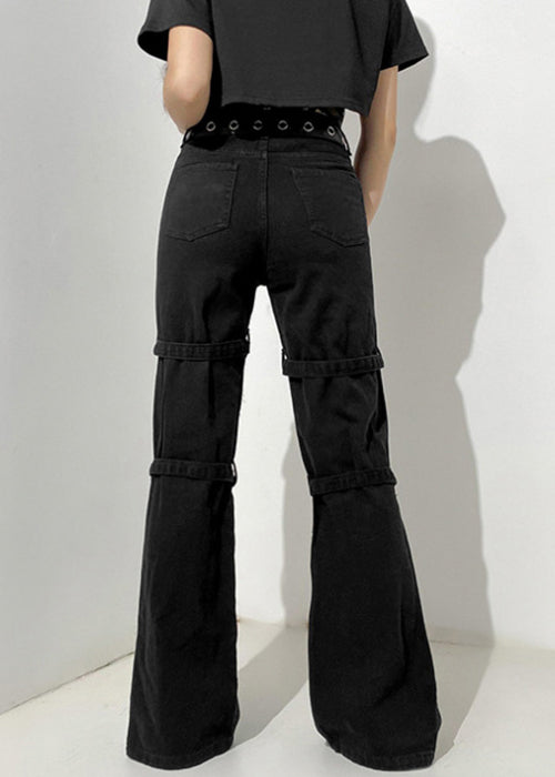 Print Unique Pockets Pants Summer Button Denim Black