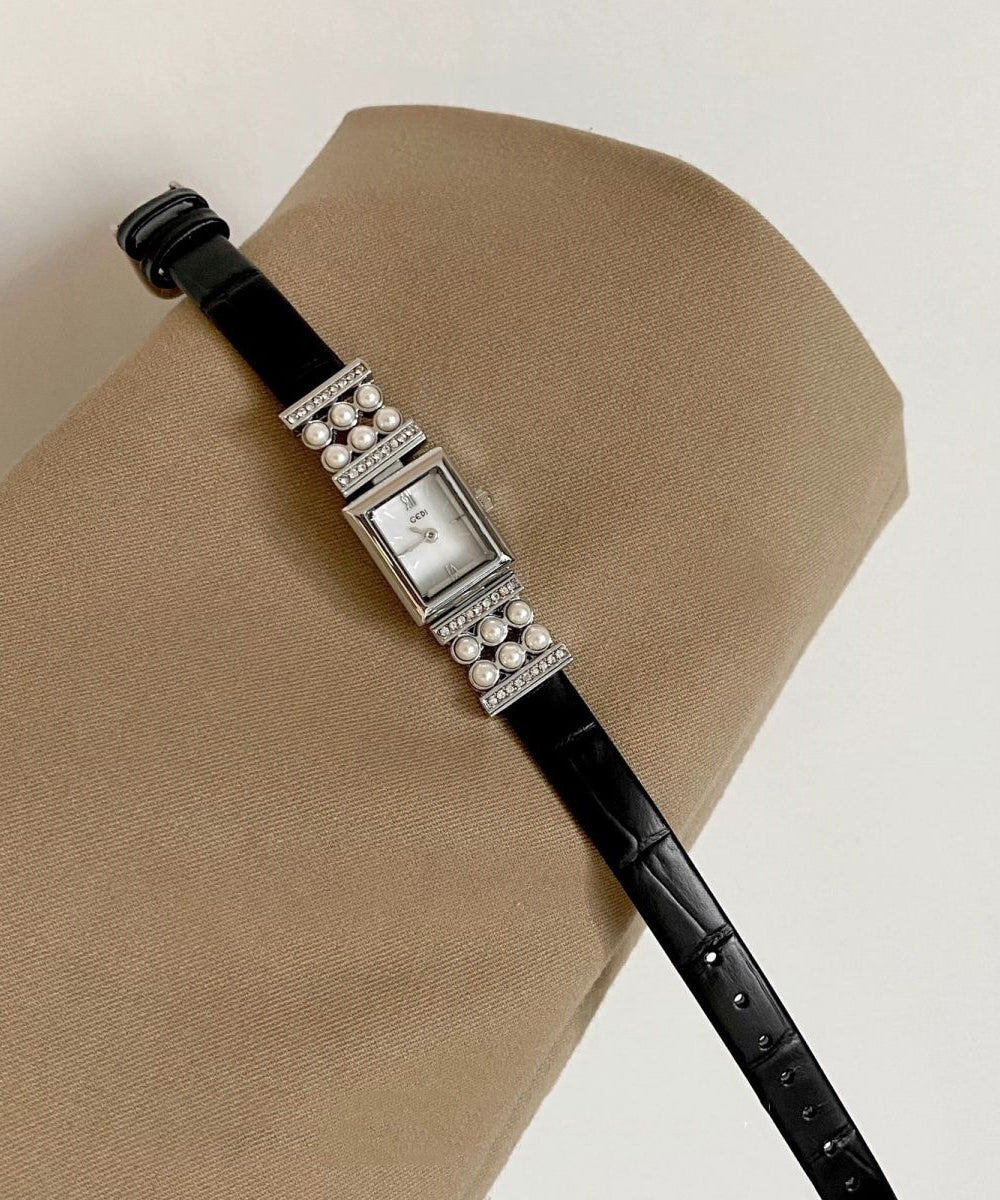 Leather Pearl Crystal Watches Black Hardlex Zircon Unique