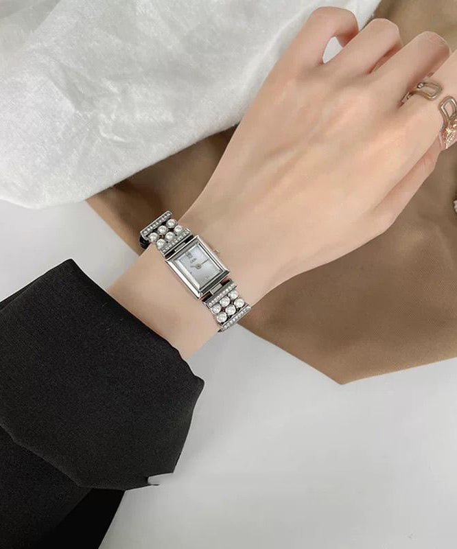 Leather Pearl Crystal Watches Black Hardlex Zircon Unique