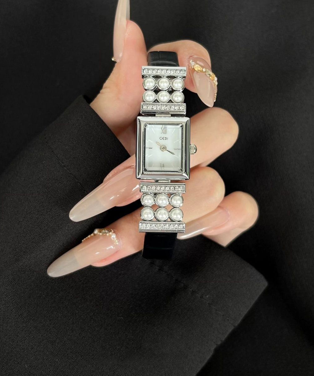 Leather Pearl Crystal Watches Black Hardlex Zircon Unique