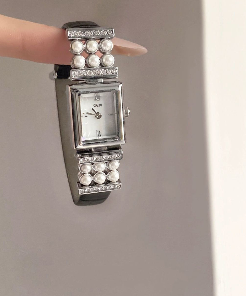 Leather Pearl Crystal Watches Black Hardlex Zircon Unique