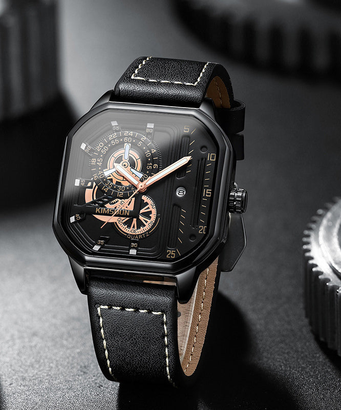 Unique Quartz Noctilucent Leather Movement Black Watches