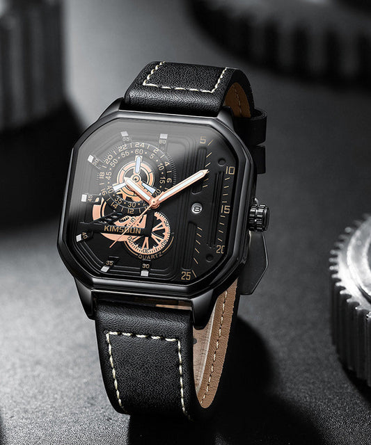 Unique Quartz Noctilucent Leather Movement Black Watches