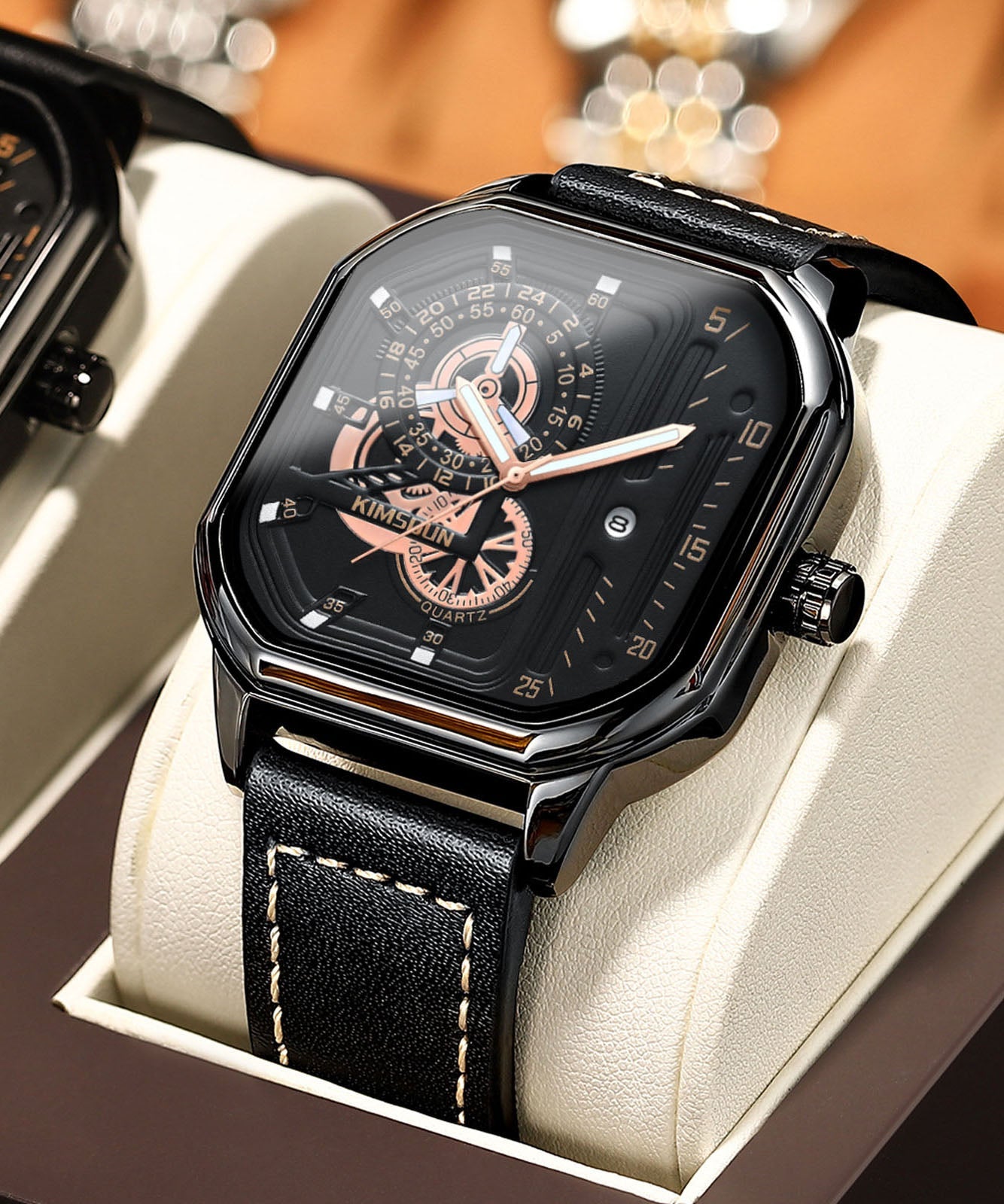 Unique Quartz Noctilucent Leather Movement Black Watches