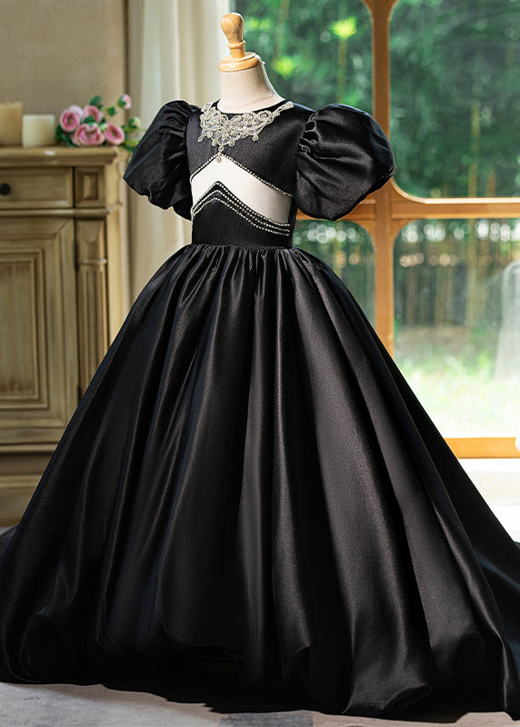 Unique Black O-Neck Patchwork Hollow Out Silk Girls Long Dress Summer YG016