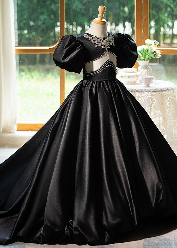 Unique Black O-Neck Patchwork Hollow Out Silk Girls Long Dress Summer YG016