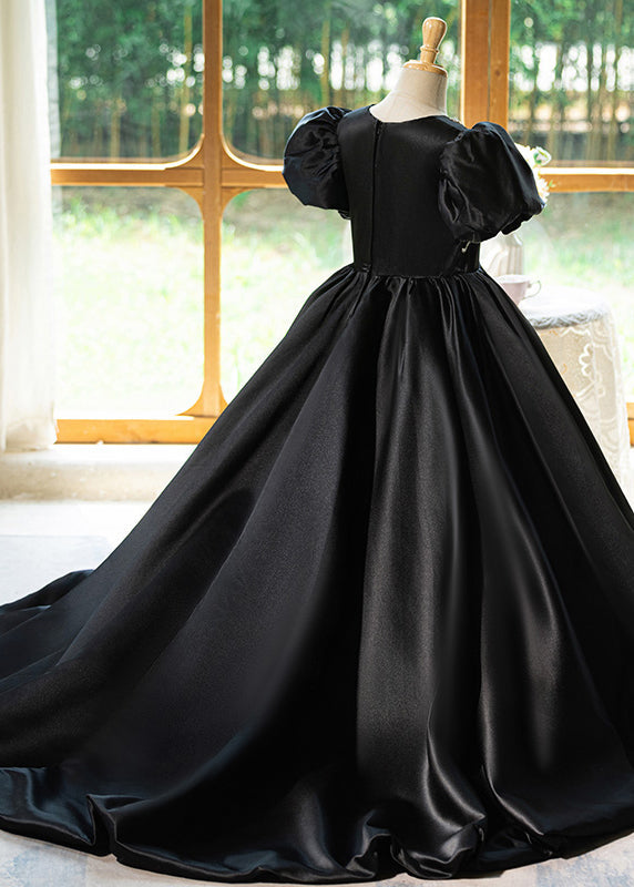 Unique Black O-Neck Patchwork Hollow Out Silk Girls Long Dress Summer YG016