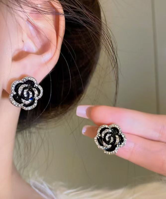 Earrings Floral Overgild Stud Black Srerling Unique Zircon Silver