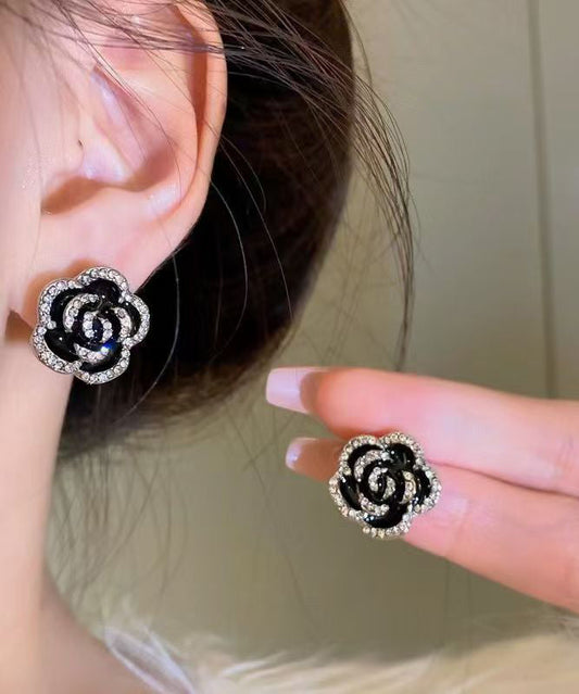 Earrings Floral Overgild Stud Black Srerling Unique Zircon Silver
