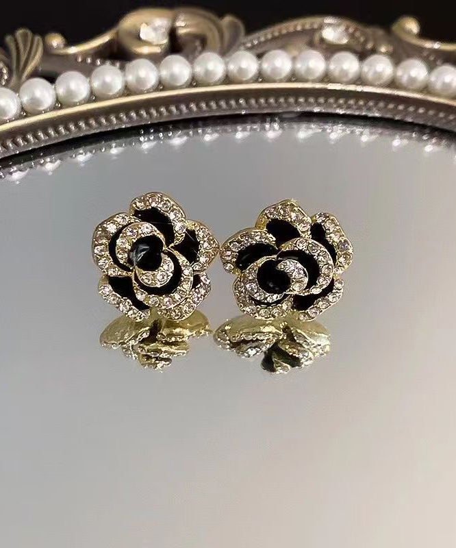 Earrings Floral Overgild Stud Black Srerling Unique Zircon Silver