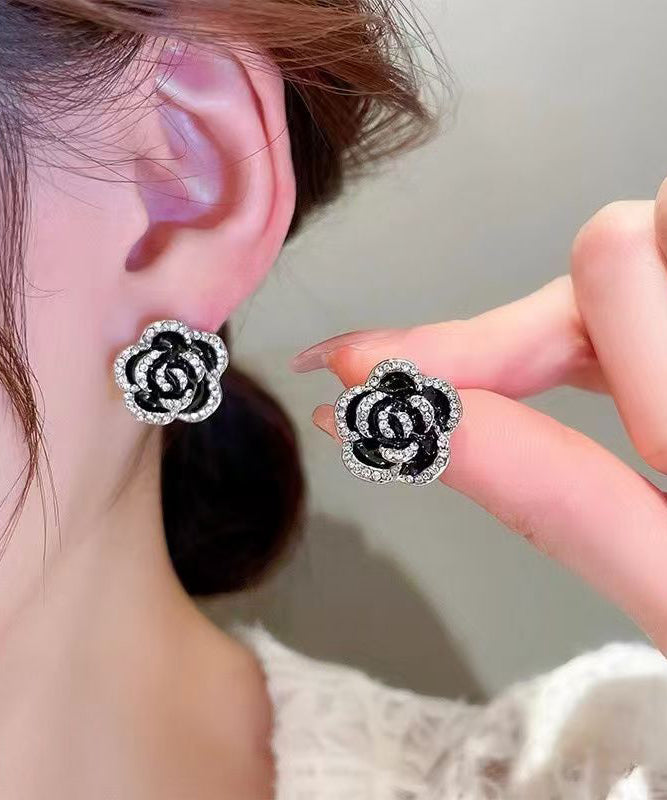 Earrings Floral Overgild Stud Black Srerling Unique Zircon Silver
