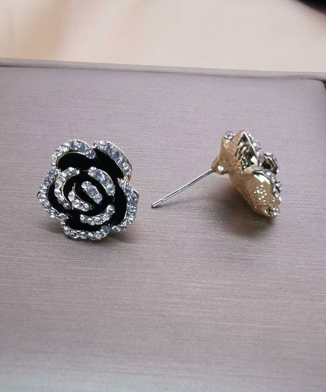 Earrings Floral Overgild Stud Black Srerling Unique Zircon Silver