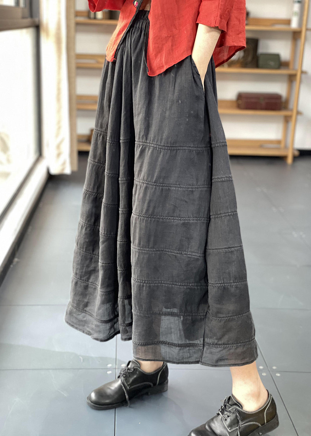 Unique Black Striped Patchwork Elastic Waist Maxi Skirts UU035