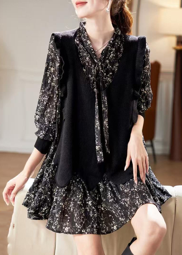 Unique V Chiffon Black Neck Print Mid Spring Dress
