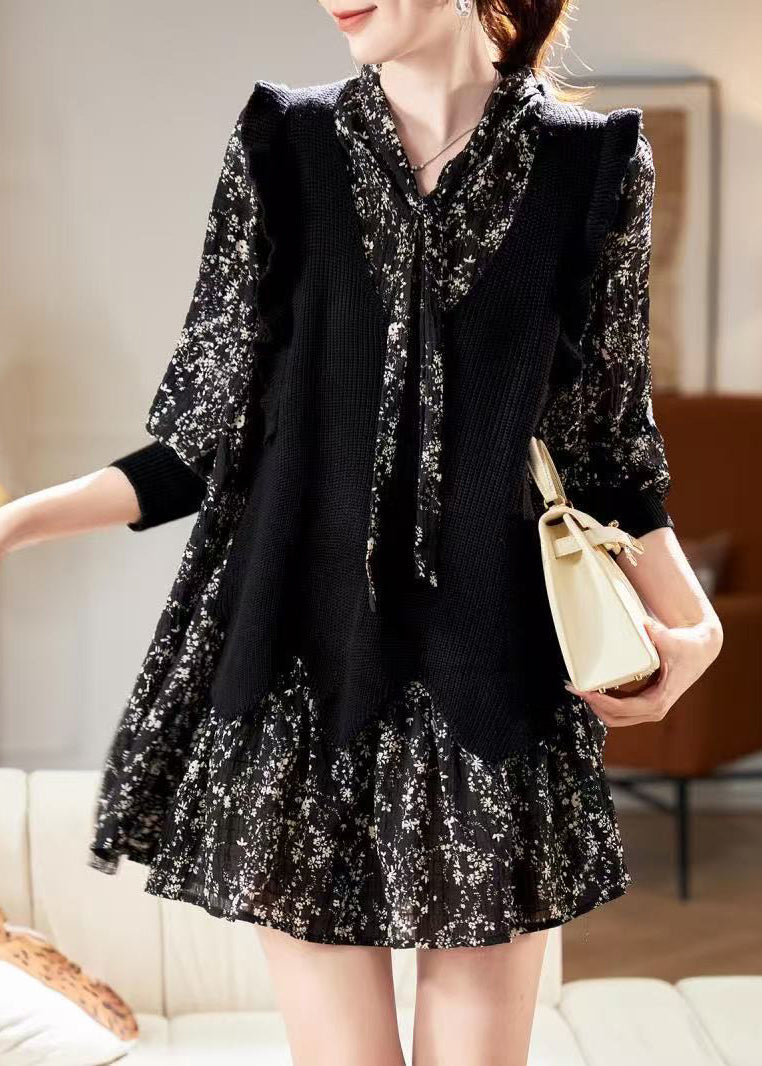 Unique V Chiffon Black Neck Print Mid Spring Dress