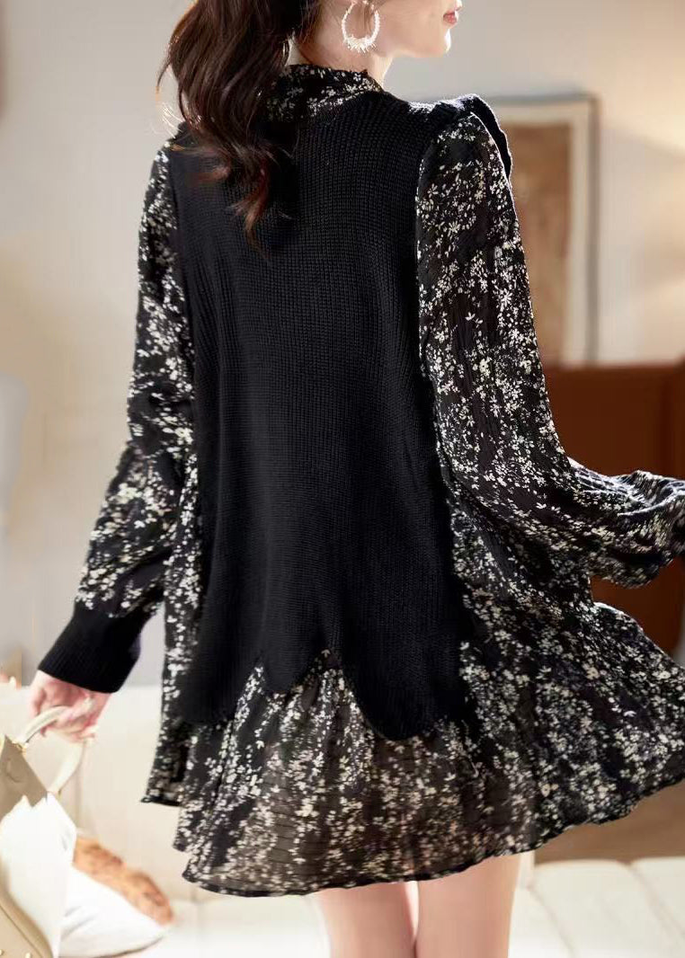 Unique V Chiffon Black Neck Print Mid Spring Dress