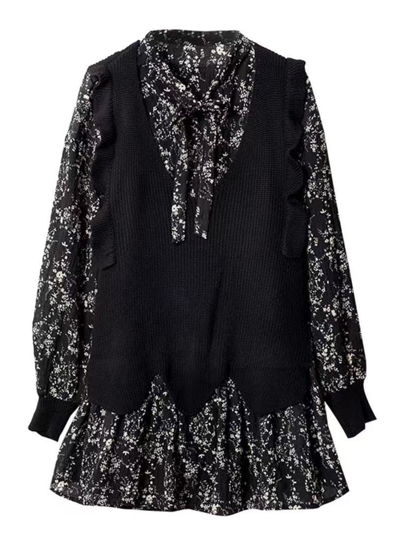 Unique V Chiffon Black Neck Print Mid Spring Dress