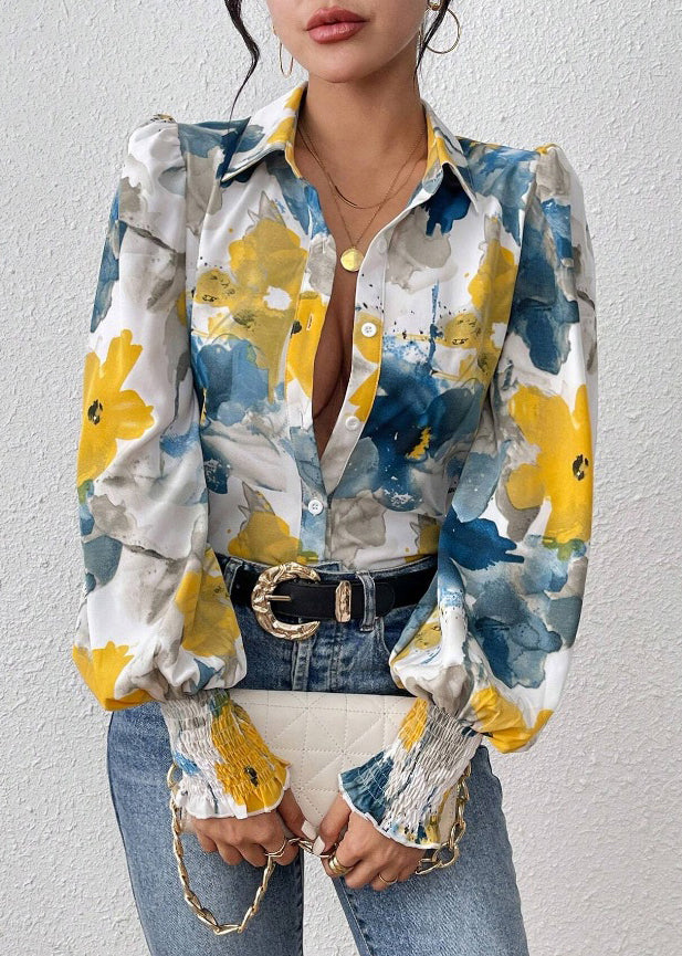 Spring Blue Print Cotton Blouses Unique Button