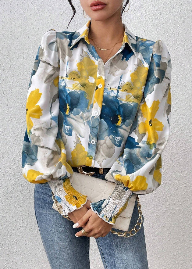 Blue Print Unique Spring Button Blouses Cotton