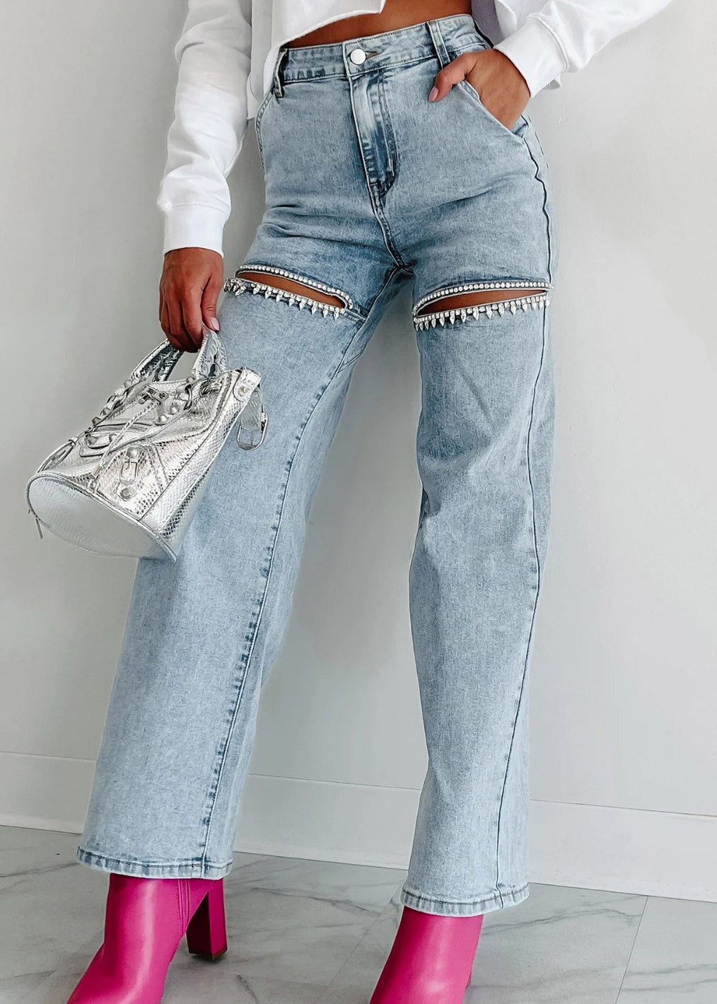 Jeans Hole Waist Summer Straight Blue High Pockets Unique