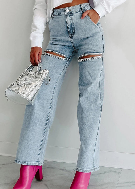 Jeans Hole Waist Summer Straight Blue High Pockets Unique