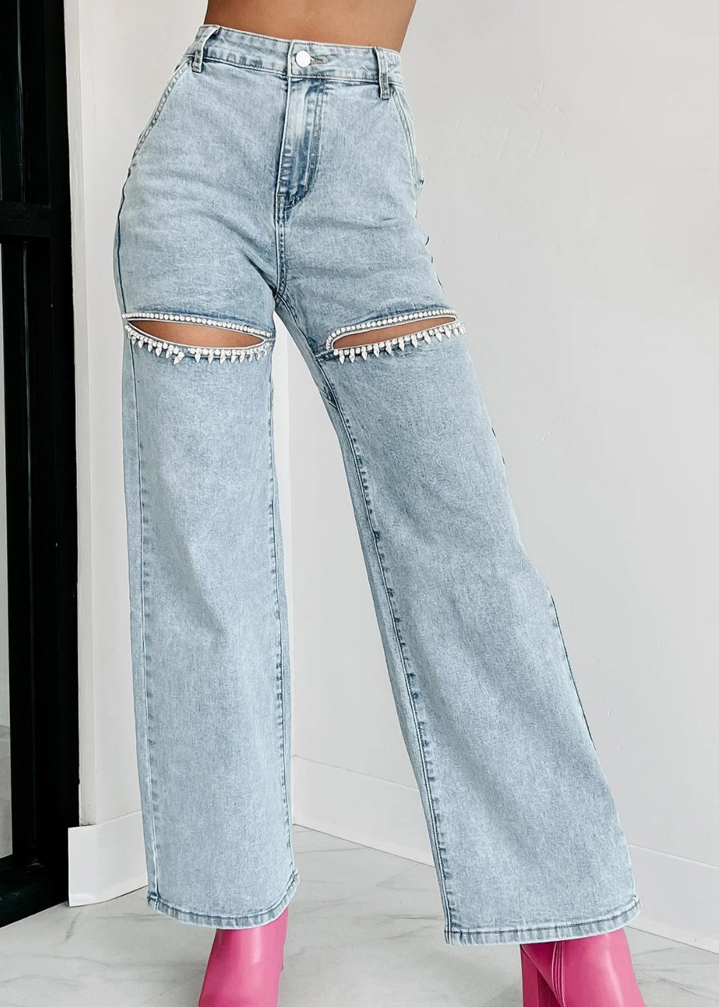 Blue Pockets Jeans High Hole Summer Waist Straight Unique