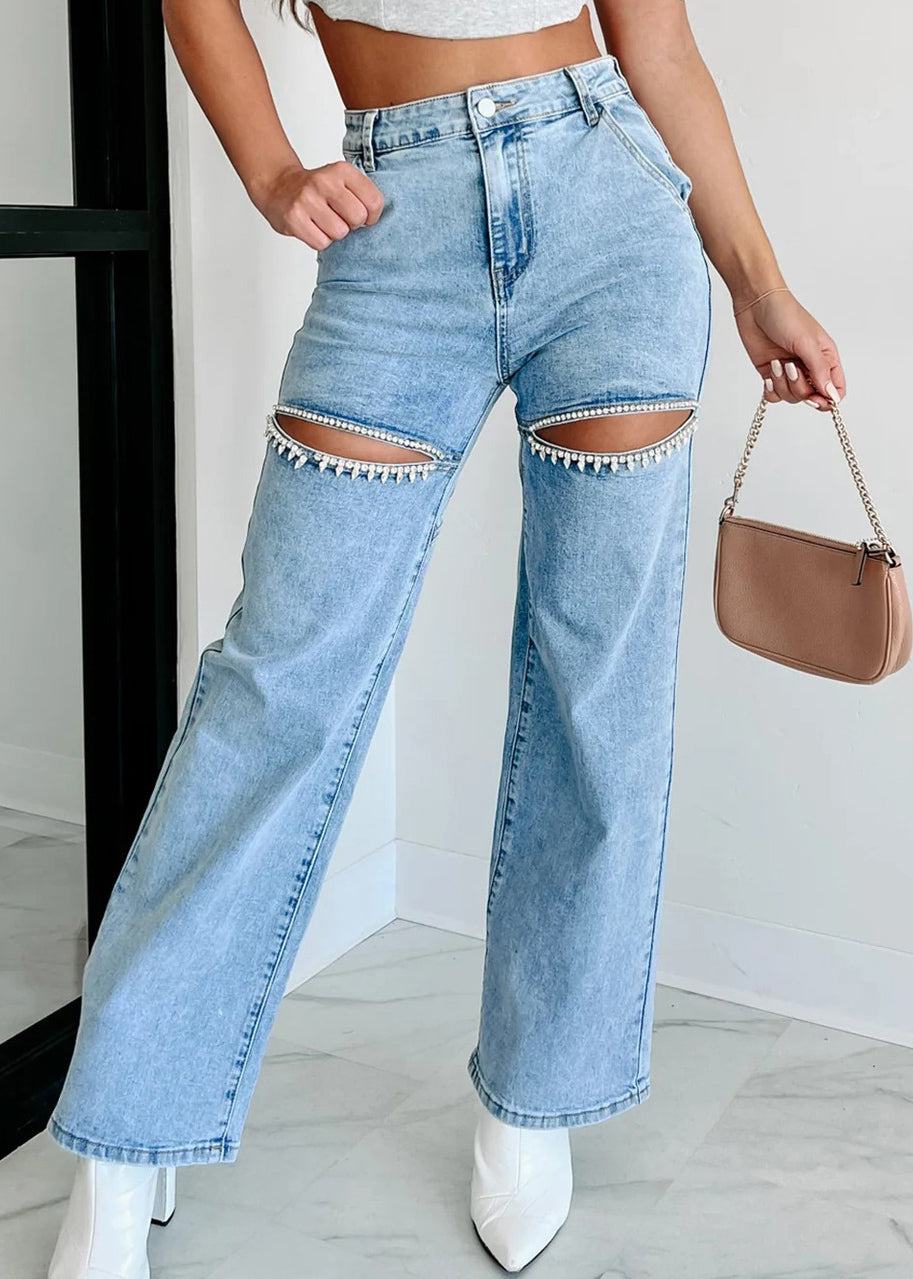 Blue Pockets Jeans High Hole Summer Waist Straight Unique