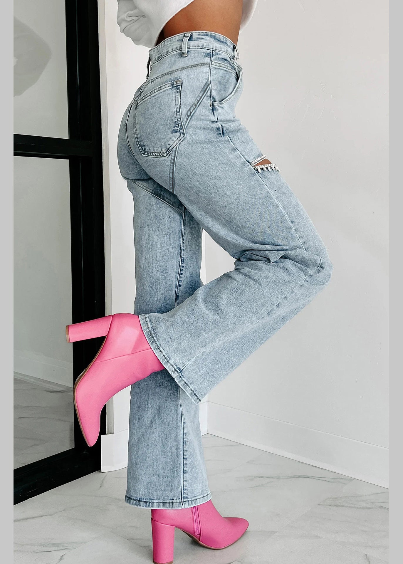 Jeans Hole Waist Summer Straight Blue High Pockets Unique