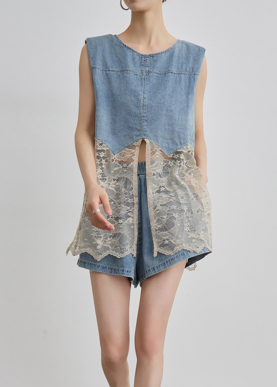 Two O Unique Pieces Blue Denim Lace Set Patchwork Neck Summer