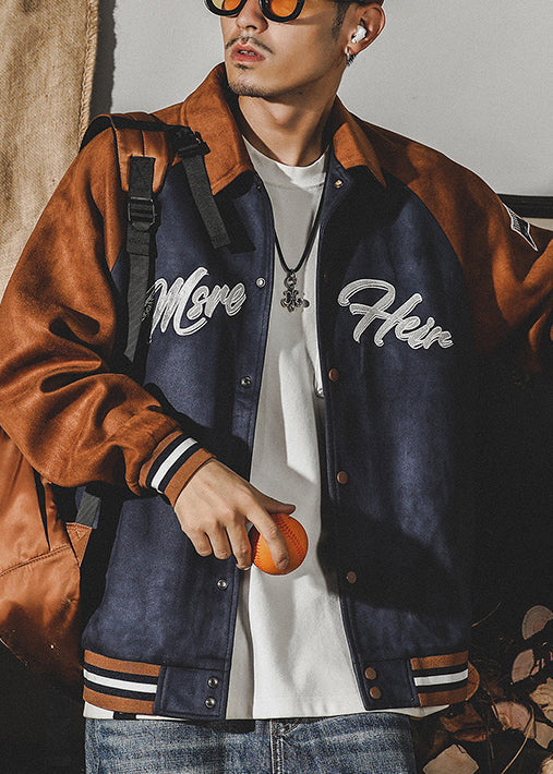 Unique Blue Peter Pan Collar Letter Patchwork Faux Suede Mens Coats Spring TC054