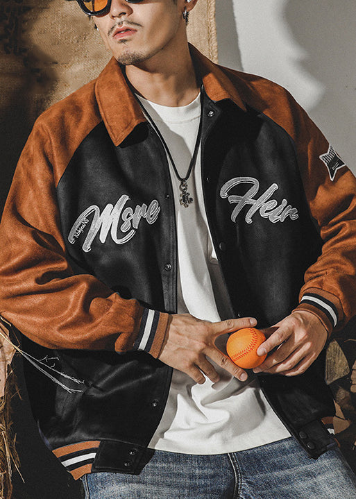 Unique Blue Peter Pan Collar Letter Patchwork Faux Suede Mens Coats Spring TC054