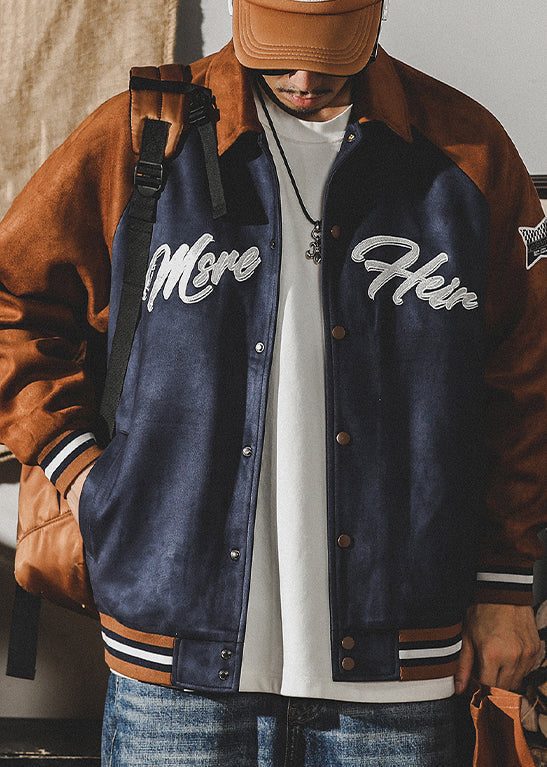 Unique Blue Peter Pan Collar Letter Patchwork Faux Suede Mens Coats Spring TC054